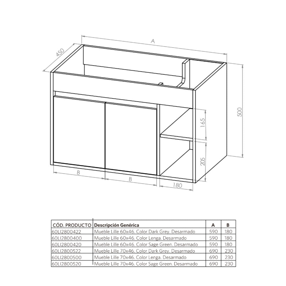 Mueble Vanitorio Lille Dark Grey + Cubierta 70x46x50 cm