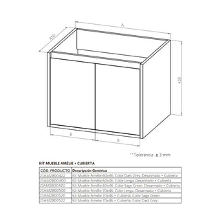 Mueble Vanitorio Amélie Lenga + Cubierta 60x46x50 cm