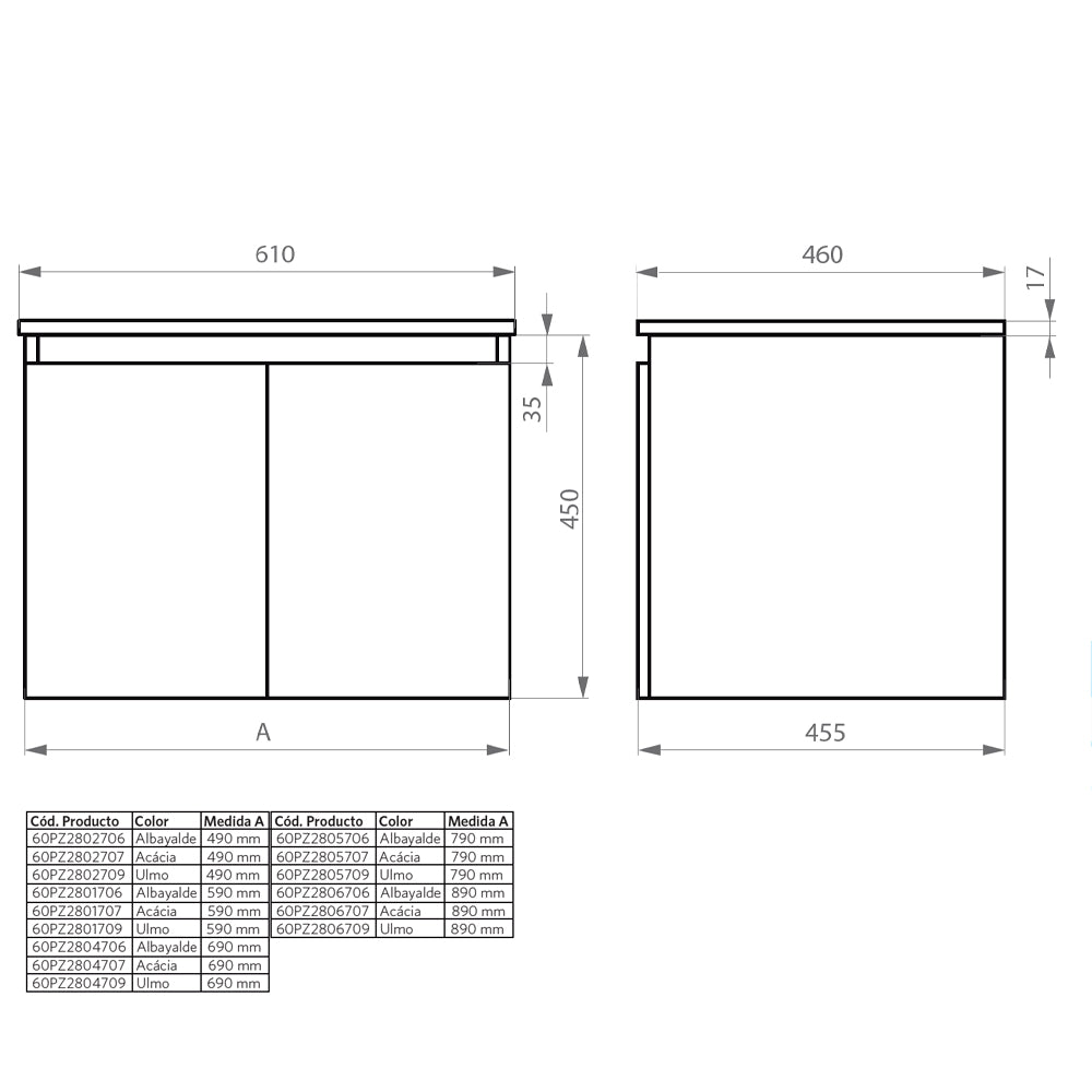 Mueble Vanitorio Amélie Albayalde + Cubierta 80x46x45 cm