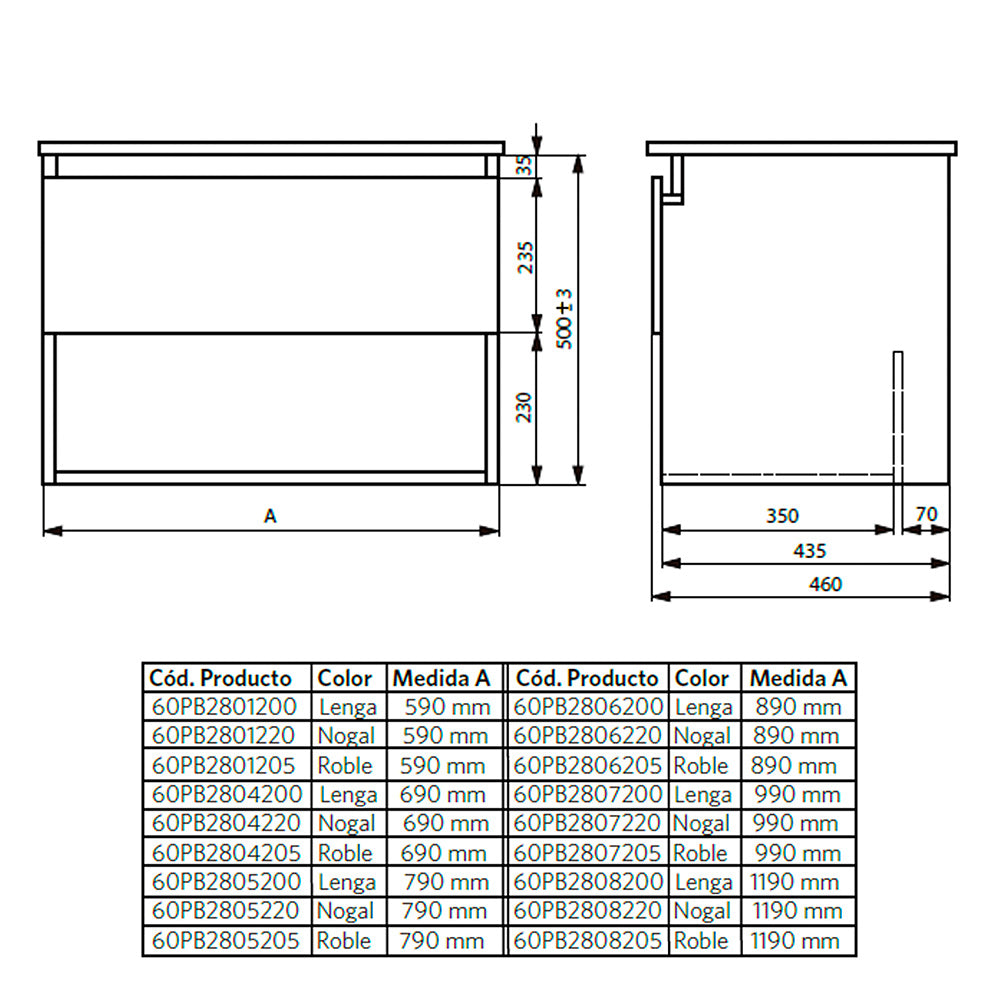Mueble Vanitorio Belle Roble + Cubierta 70x46x50 cm