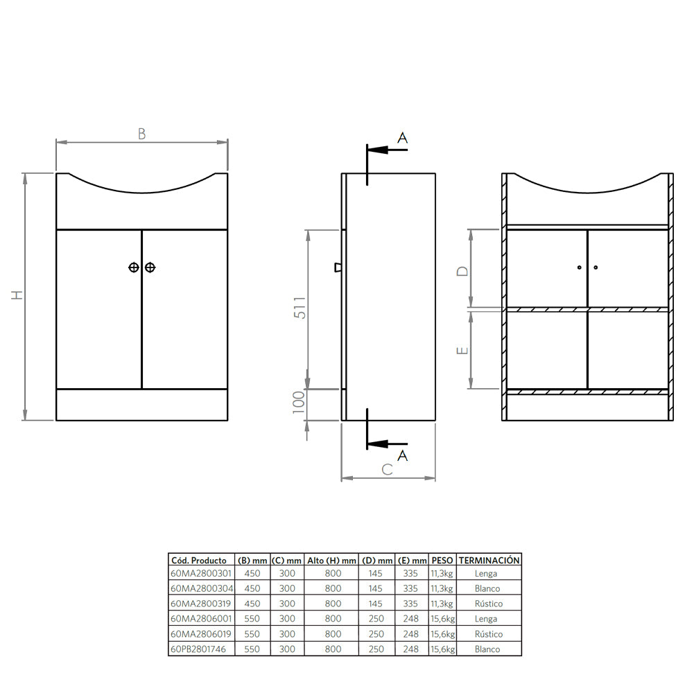 Mueble Vanitorio Marie Lenga + Cubierta 60x43x30 cm