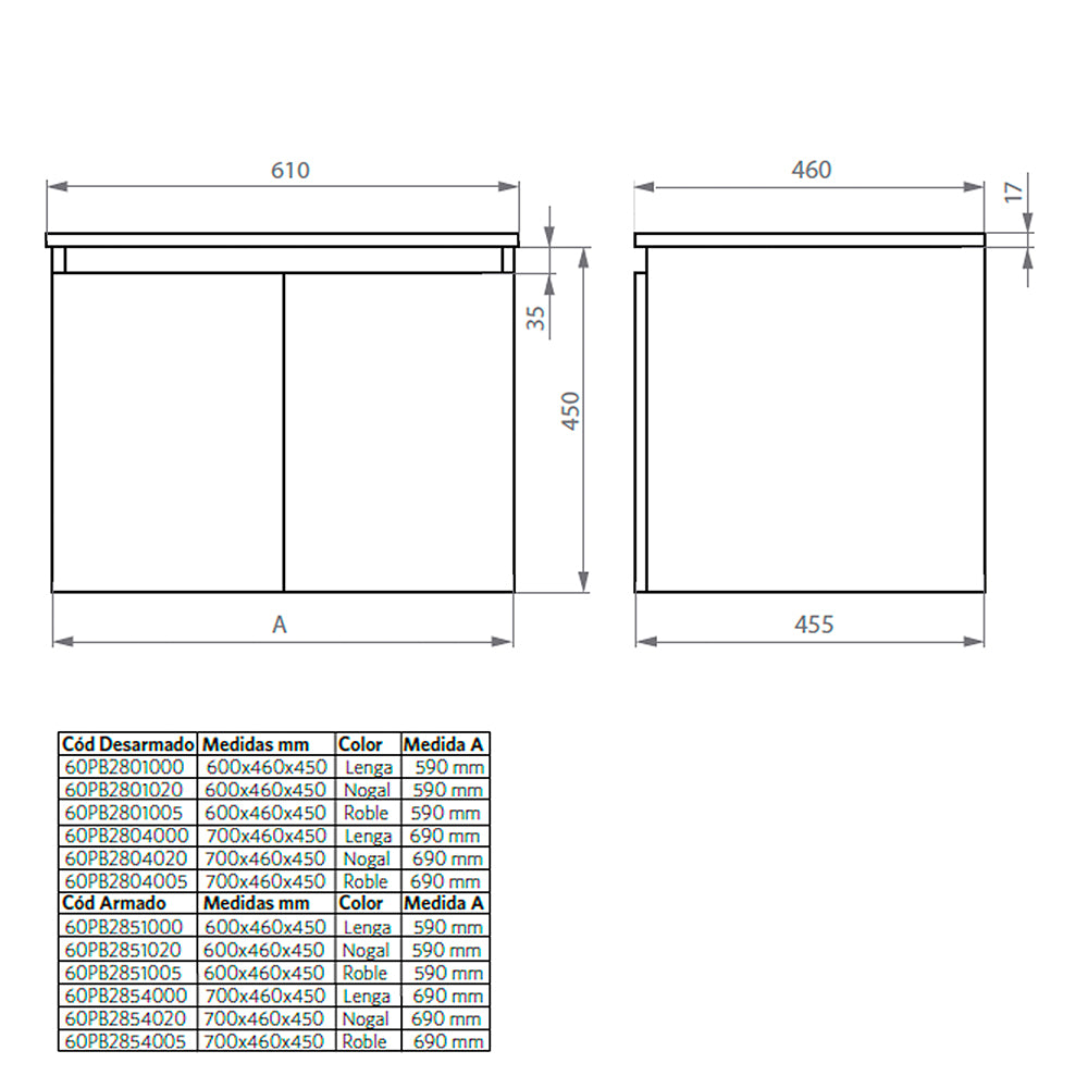Mueble Vanitorio Ermes Nogal + Cubierta 70x46x50 cm