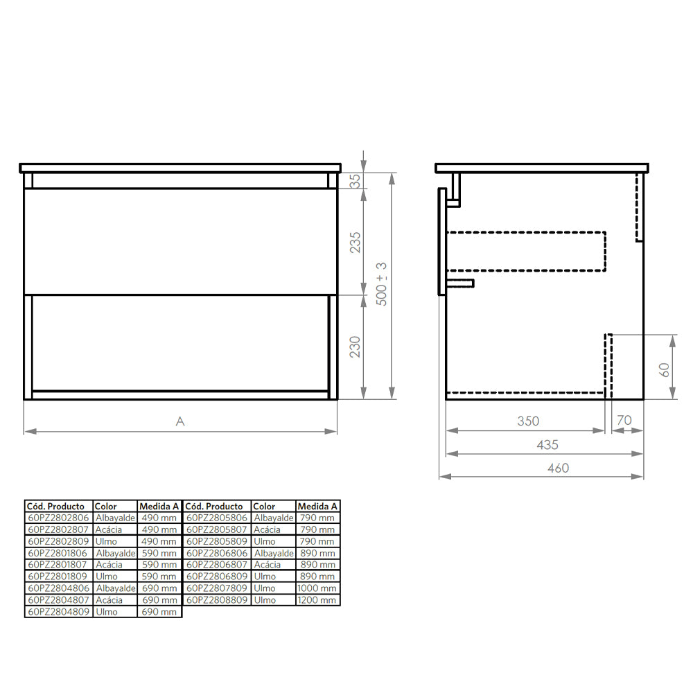 Mueble Vanitorio Zoé Acácia + Cubierta 70x46x50 cm