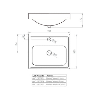 Mueble Vanitorio Claire Blanco + Cubierta 40x86x33 cm
