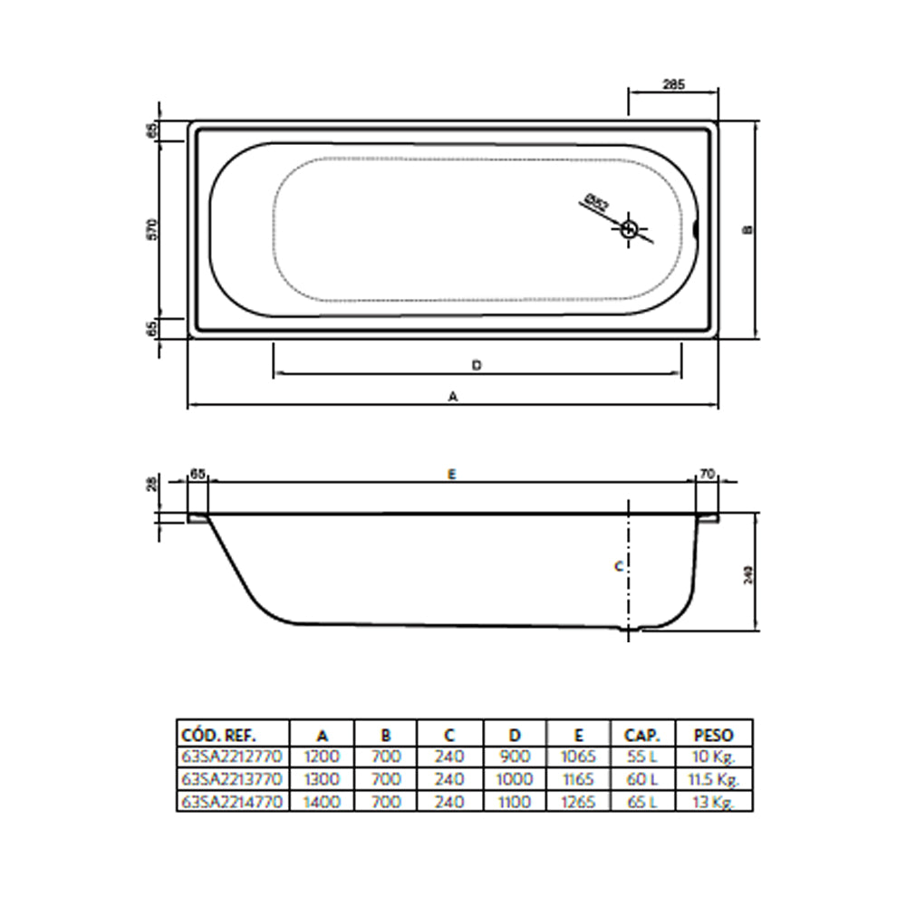 Tina Acero Antideslizante Atenas 140x70x24cm (1.3mm)
