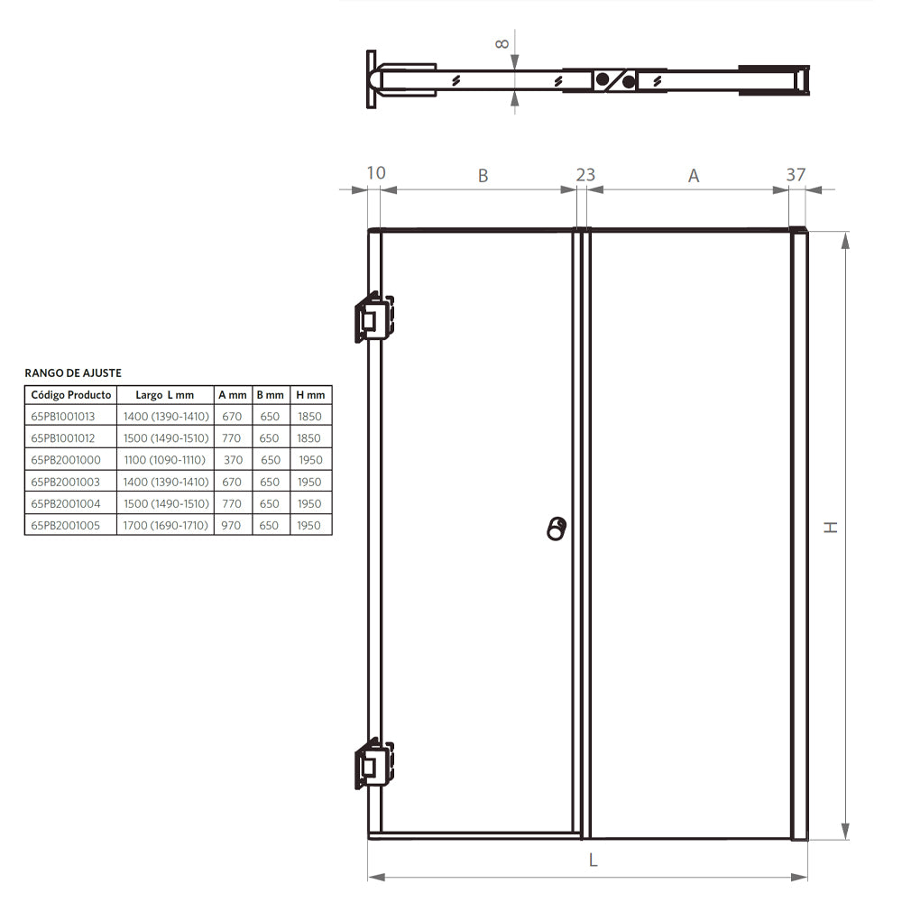 Mampara Abatible 140x195cm vidrio 8 mm espesor