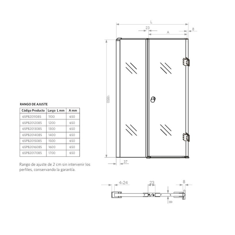 Mampara Abatible 170x185 cm Vidrio 8 mm Perfil Cromado