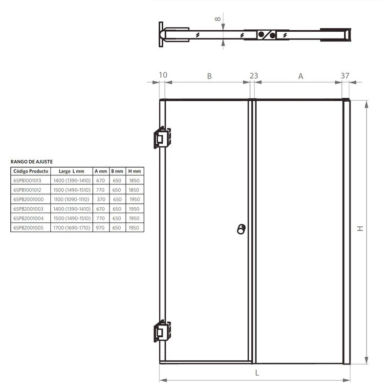 Mampara Abatible 170x185 cm Vidrio 8 mm Perfil Cromado