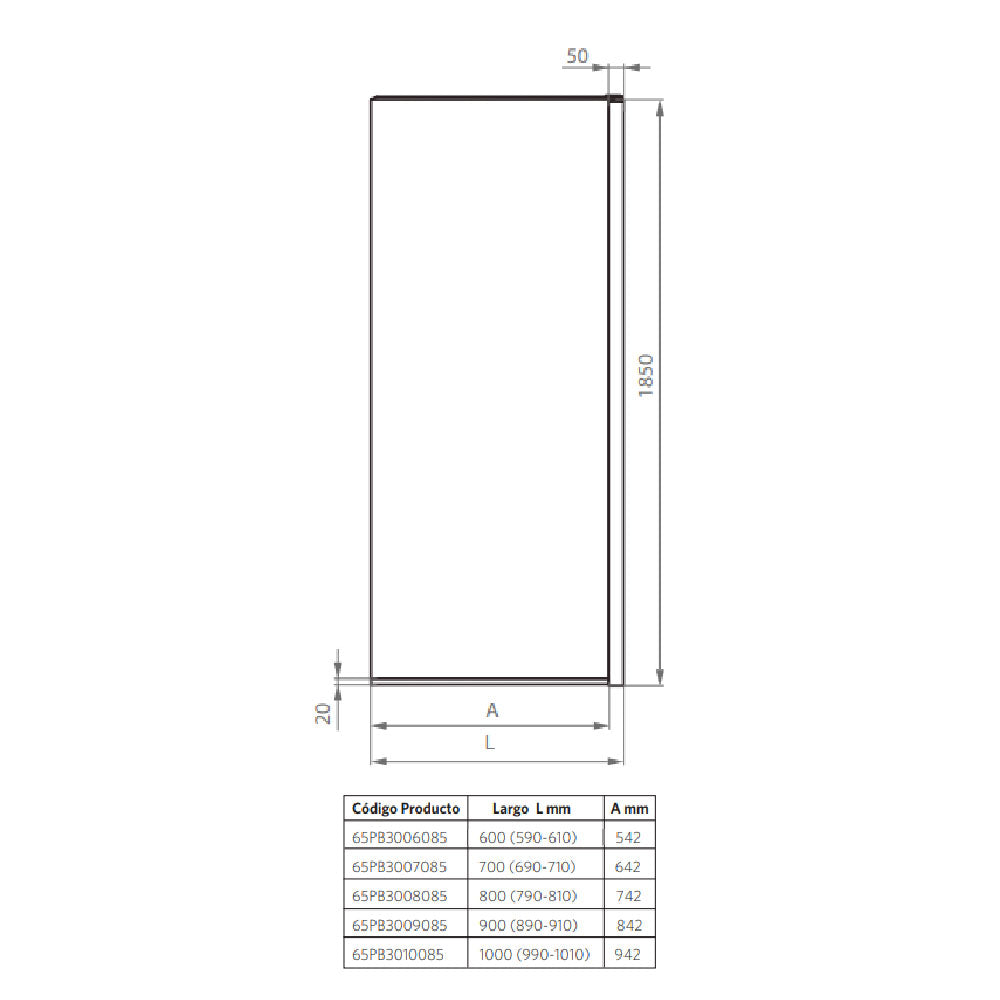 Mampara Fija 100x185 cm Ajustable ±1 cm Cromado