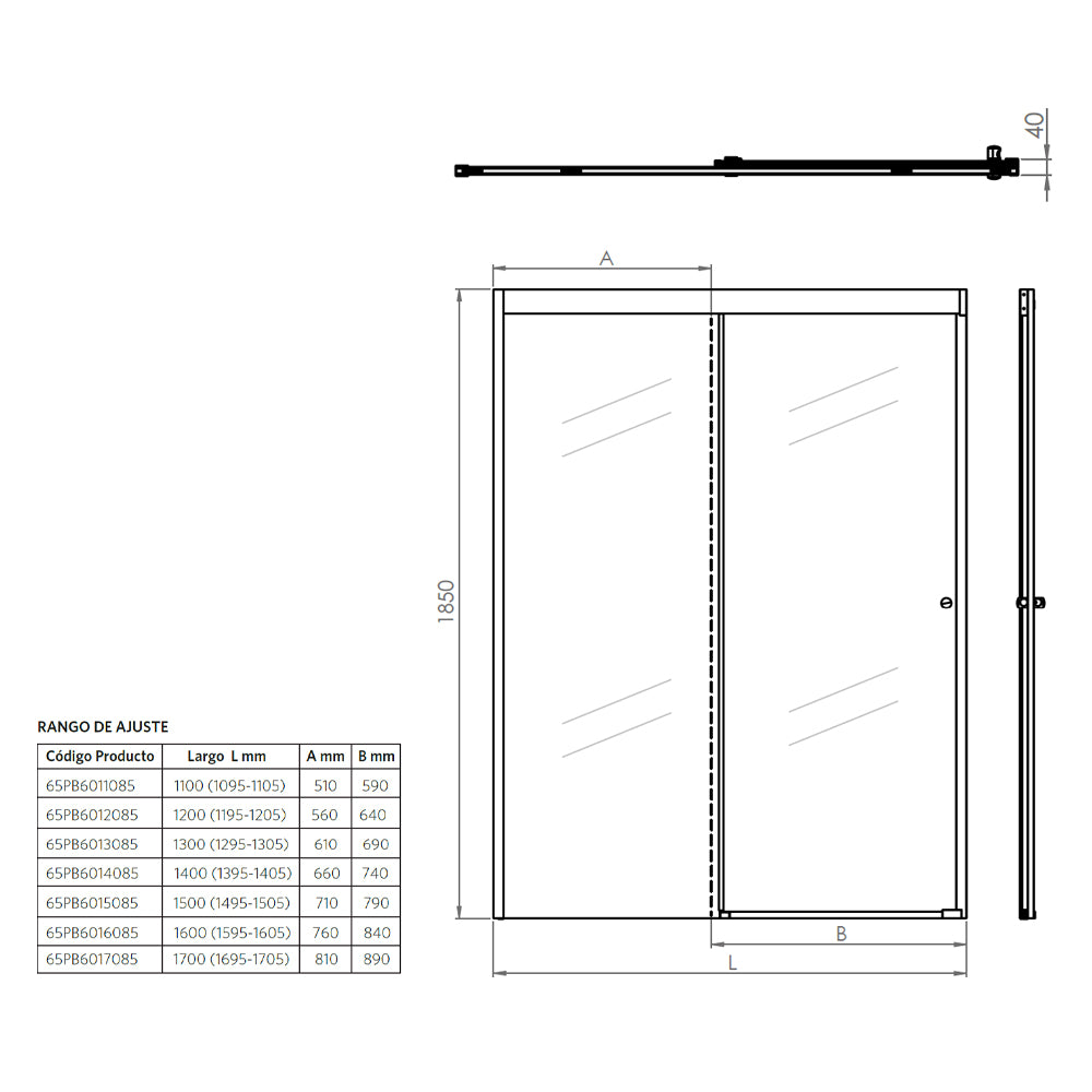 Mampara Corredera Hera 170x185 cm Ajustable ±1 cm Cromado