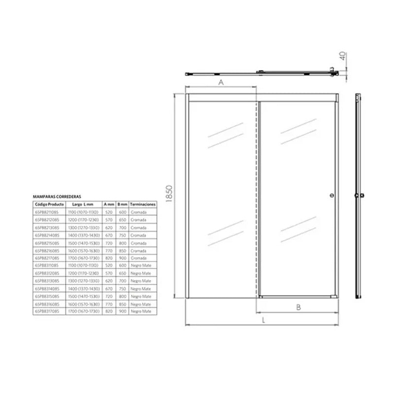 Mampara Corredera 170x185 cm Ajustable ±3 cm Cromado