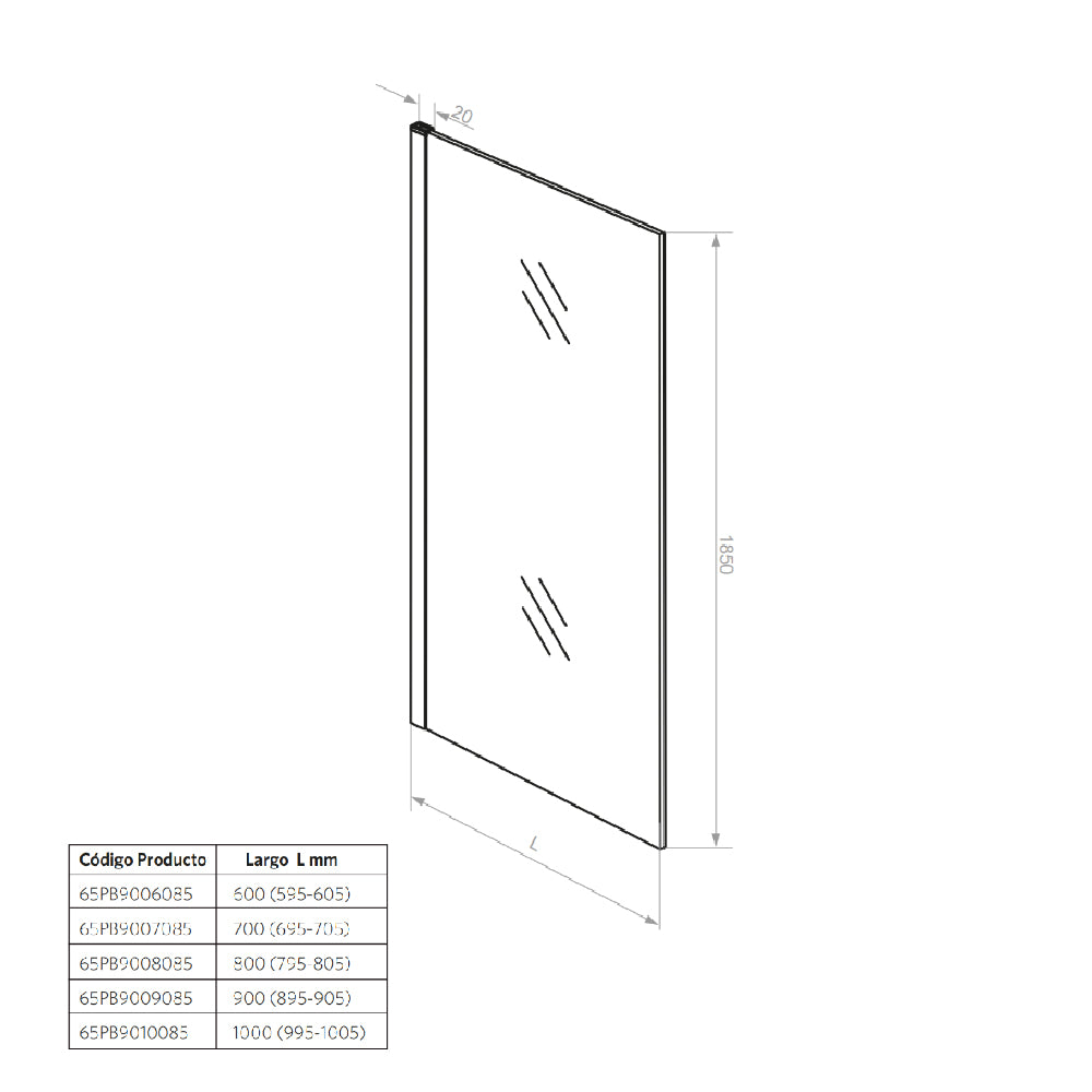 Mampara Fija Altura 100x185 cm Ajustable ±1 cm Cromado
