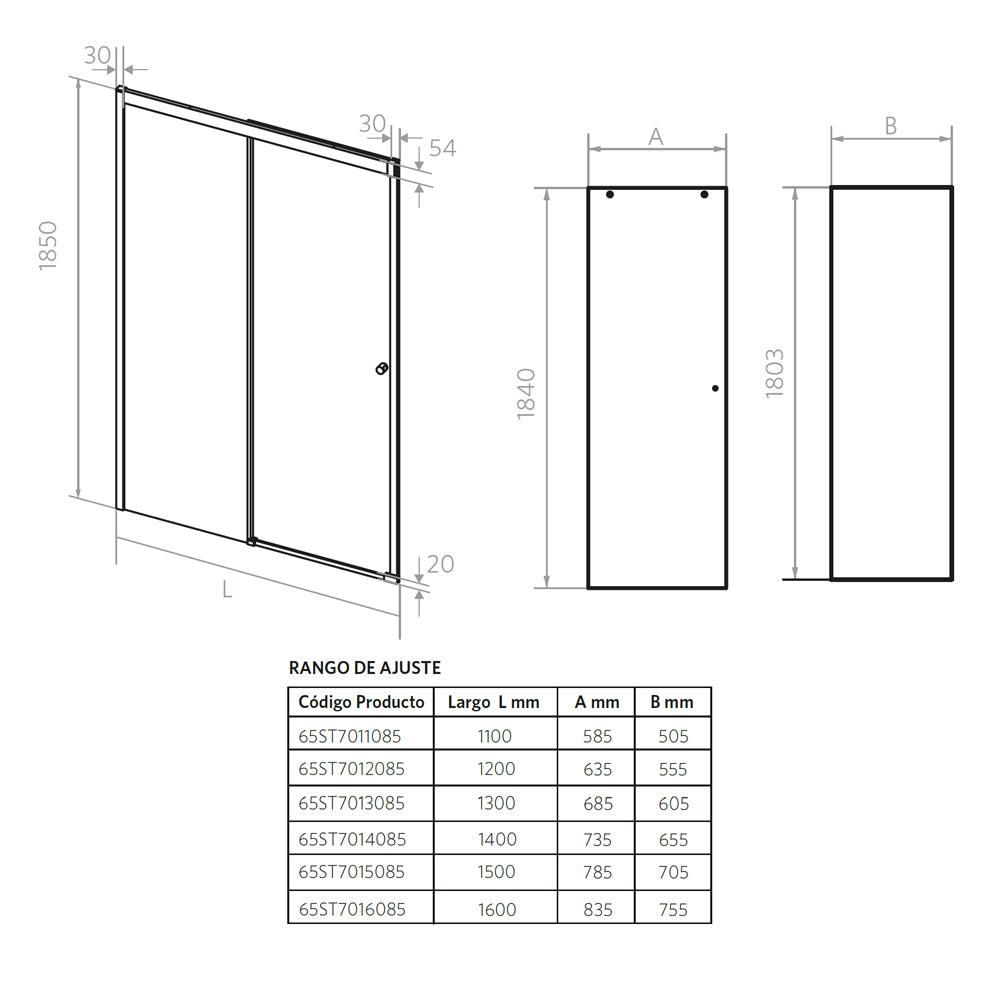 Mampara Corredera Peraia Ajustable ±1 cm 120X185 cm Cromo