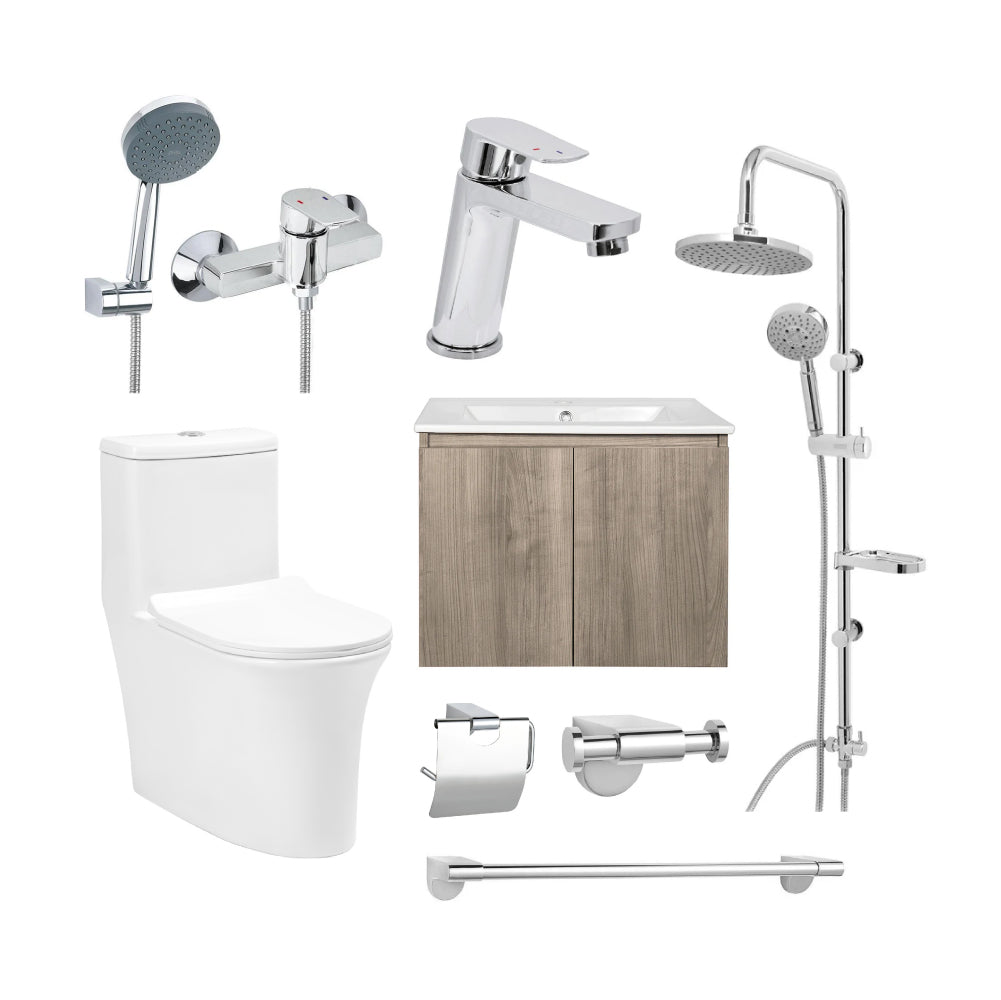 Pack Baño Madrid | Mueble + Griferías + Sanitario + Accesorios + Columna Ducha