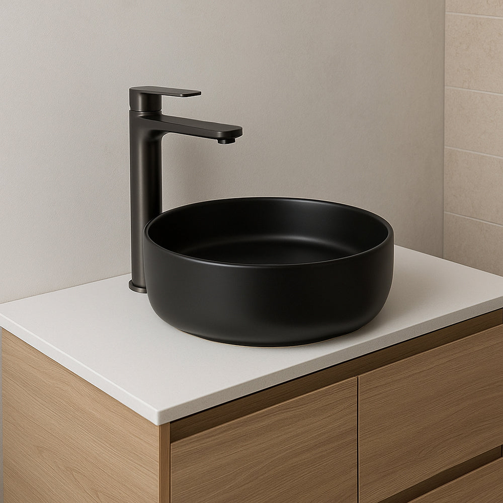 Pack Baño Baena | Vanitorio Sobre Cubierta 36cm + Grifería Alta Negro Mate