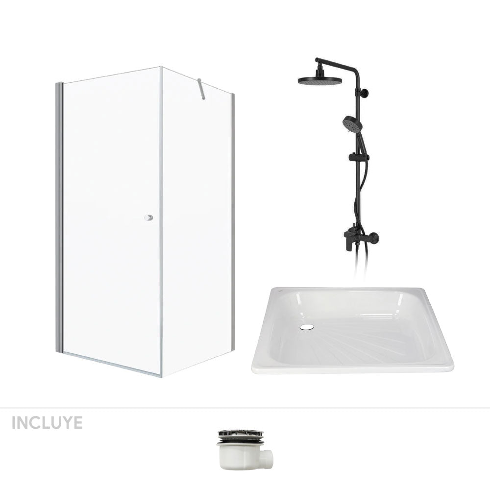 Pack Baño Baeza | Mampara + Receptáculo + Columna Ducha Negro Mate