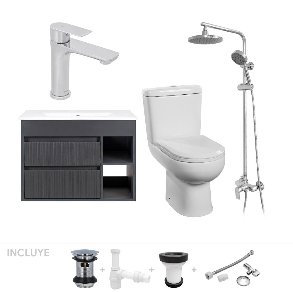 Pack Baño Palencia | Mueble Vanitorio Dark Grey + Sanitario + Grifería + Columna Ducha