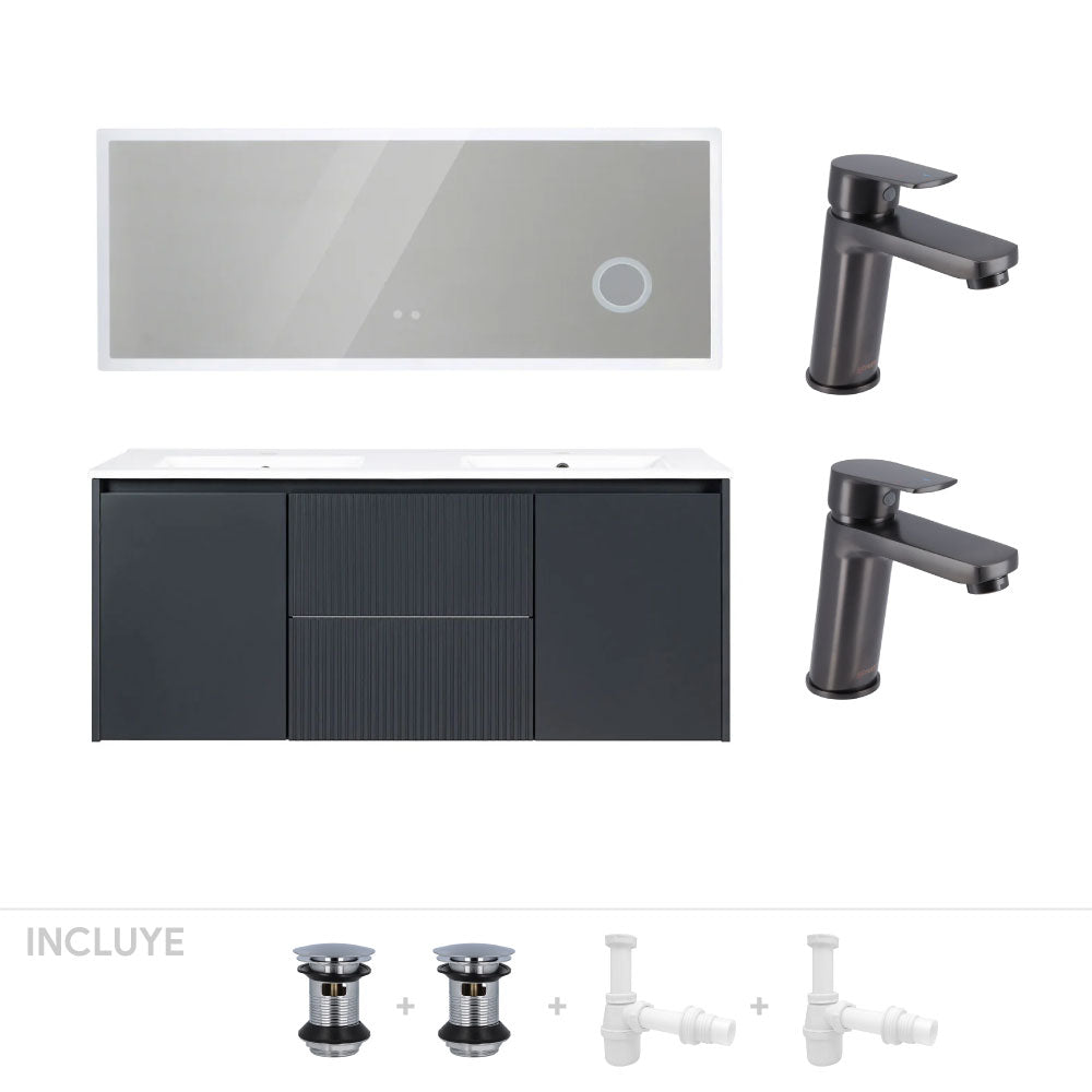 Pack Baño Villena | Mueble Vanitorio Doble Dark Grey + Griferías Lavamanos + Espejo Led