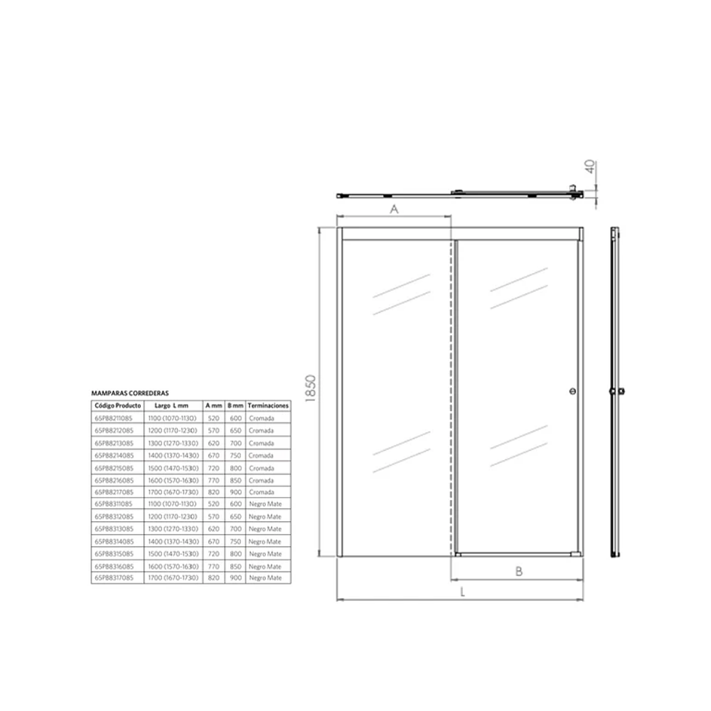 Mampara Corredera 130x185 cm Ajustable ±3 cm Cromado