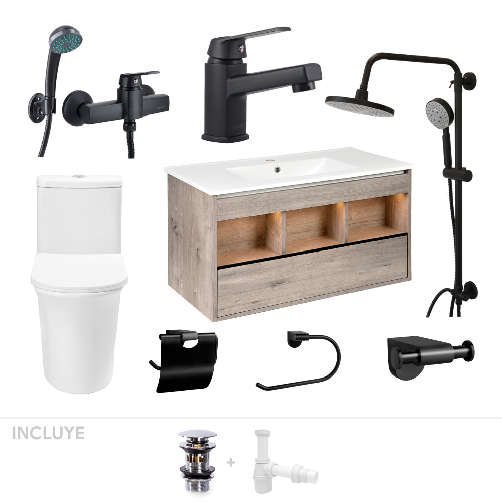 Pack Baño Asturias | Mueble + Griferías + Accesorios + Sanitario WC